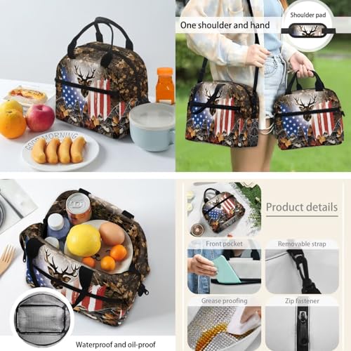 School Backpack 4 Pcs Set Include Insulated Lunch Bag and Pencil Box and Water Bottle Bag, School Bookbag Outdoor Travel Bags Casual Daypack for Teens Kids, American Flag Deer Branch4