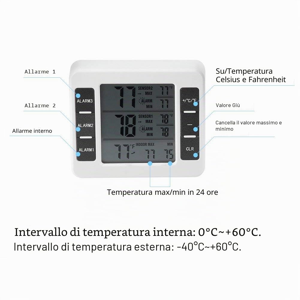 Termometro per Frigorifero Digitale, Termometro Senza Fili Interno/Esterno del Congelatore con 2 Sensori Wireless e Allarme Audio, Termometri da Frigo Registrare Min/Max, per Casa, Ristoranti
