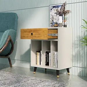 Bniture Bed Side Table for Bedroom with 1-Drawer, Small Side Table Bedside Furniture, Nightstand, End Table with Metal Legs for Bedroom (Frosty White & Giant Wood)