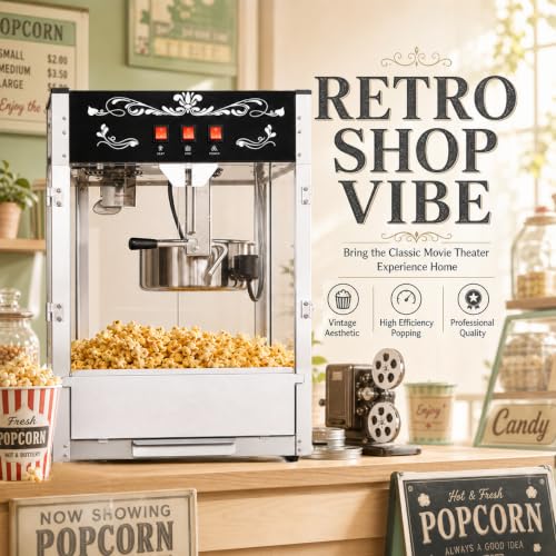 Image of Commercial Popcorn Machine With 24 OZ Kettle for Theater Style, Black | Countertop Popcorn Machine Stainless Steel, 3-Switch Control, for Home, Movie Night, Parties, Office, School, Business