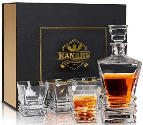 KANARS Whiskey Decanter Set - Crafted Crystal Decanter Set With 4 Glasses for Scotch, Bourbon or Liquor - Men Gift for Anniversary, Christmas, Birthday, Retirement, Wedding, Housewarming, Father's Day KANARS Whiskey Decanter Set - Crafted Crystal Decanter Set With 4 Glasses for Scotch, Bourbon or Liquor - Men Gift for Anniversary, Christmas, Birthday, Retirement, Wedding, Housewarming, Father's Day