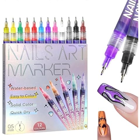 Gorvalin Fine Tips 3D Nail Art Pens, 12 Colors 0.5 MM Nail Polish Pens Nail Point Graffiti Dotting Drawing Painting Liner Pen for Home Salon Quickly Dry Nail Art Cover
