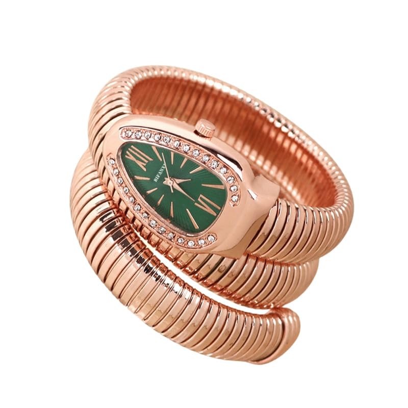 BIFANXI Ladies Snake Bracelet Fashion Watch - Creative Quartz Design, Personality Oval Dial, 50m Waterproof | Rose Gold Green