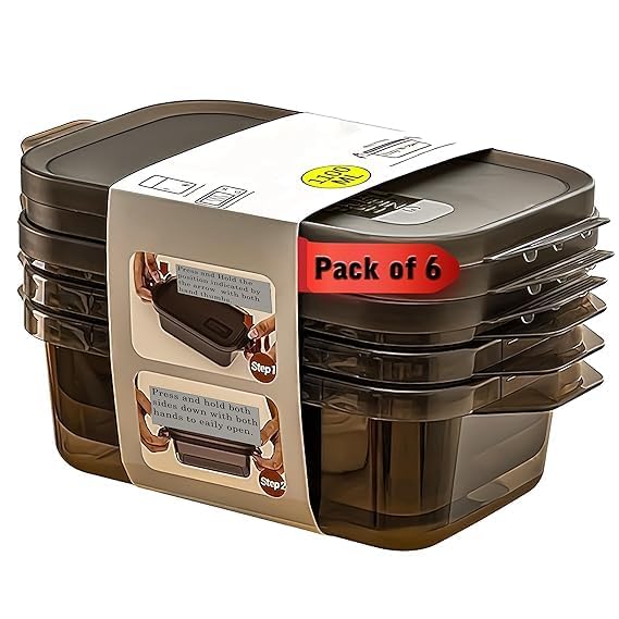 Set of 6 Meal Prep Food Storage Containers 1200ml | Airtight, Leakproof, & Stackable BPA-Free Plastic Fridge Organizer Boxes for Kitchen & Freezer (6)