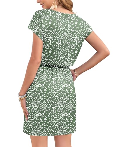 Image of AUSELILY Womens Summer Mini Dress, Short Sleeve V Neck Drawstring Casual | Soft smooth drape with an adjustable drawstring waist for beach, casual outings and daily wear