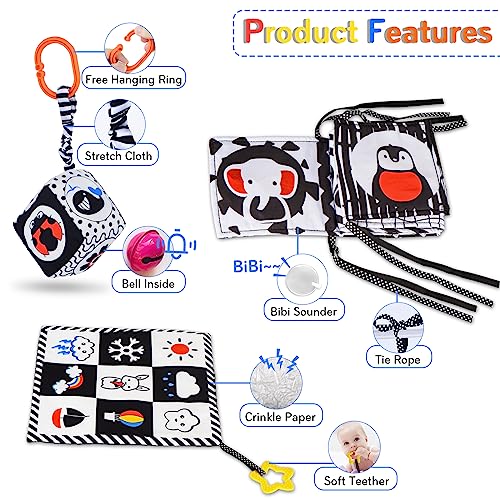 Image of SAMMAS 3 Pcs Black and White High Contrast Baby Toys 0-6 Months for Newborn, Babies Sensory Soft Book for Early Education, Infant Tummy Time Cloth Book, Montessori Toys for Babies