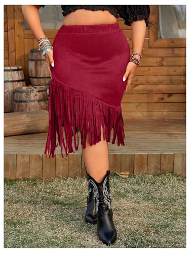 Floerns Women's Plus Size Elastic Waist Fringe Trim Western Cowgirl Midi Skirt4