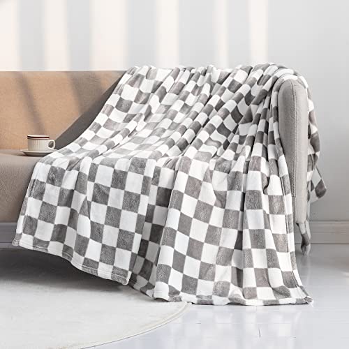 LOMAO Throw Blankets Flannel Blanket with Checkerboard Grid Pattern Soft Throw Blanket for Couch, Bed, Sofa Luxurious Warm and Cozy for All Seasons (Grey, 50"x60")