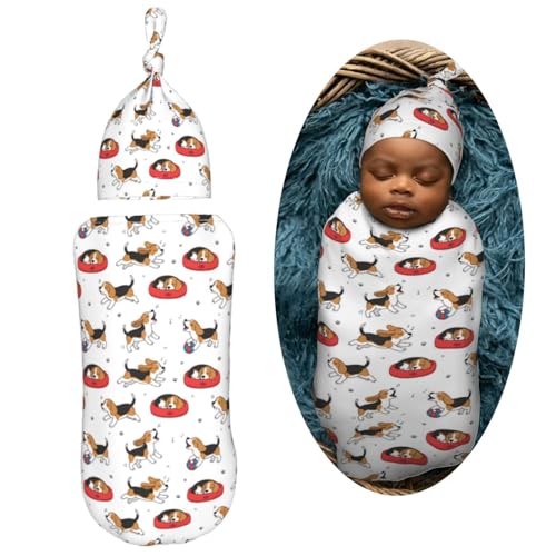 Image of Cute Beagle Dog Newborn Swaddle Blankets Hat Sets Soft Baby Receiving Blanket Swaddle Sack for Baby Shower Infant Boy Girl Gift