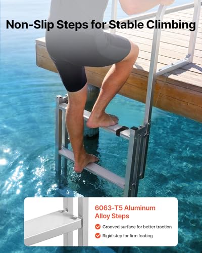 Image of VEVOR Retractable Dock Ladder, 5 Steps, Aluminum Alloy Pontoon Boat Swim Ladder, with Non-Slip Wide Steps, 350 lbs Weight Capacity, Adjustable Height, for Lake Swimming, Pool, Boat, Marine Boarding