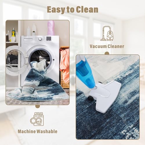 Carvapet 4x6 Rugs for Living Room Bedroom, Washable Dark Blue Modern Abstract Low Pile Carpet with Rubber Backing, Foldable, Non Slip Thin Area Rug