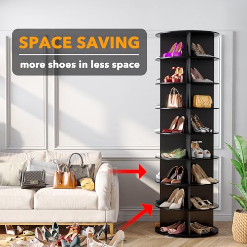 SpaceAid 8 Tier Rotating Shoe Rack Tower, Spinning Shoe Display Lazy Susan, Revolving 360 Shoe Rack Storage Round Carousel, Vertical Handbag Rotate Shoes Closet Organization (8-Tier Black)