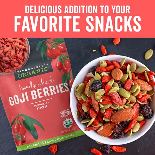 Image of Viva Naturals Organic Dried Goji Berries, 8 oz (227 g) - Non-GMO, Vegan Wolfberries, Perfect for Goji Berry Tea, Smoothies, Baking & Snacking