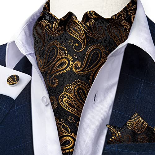 Image of DiBanGu Mens Silk Ascot Ties Paisley Jacquard Woven Cravat and Pocket Square Cufflinks with Lapel Pin for Business Wedding