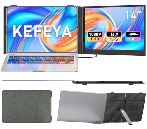 KEFEYA Laptop Screen Extender, 14' FHD 1080P Portable Monitor for Laptops, 0.19' Ultra-Thin Laptop Monitor Extender for 13-17' with USB-C/HDMI Port, Plug n Play for Windows/Mac/Android/Switch/PS5