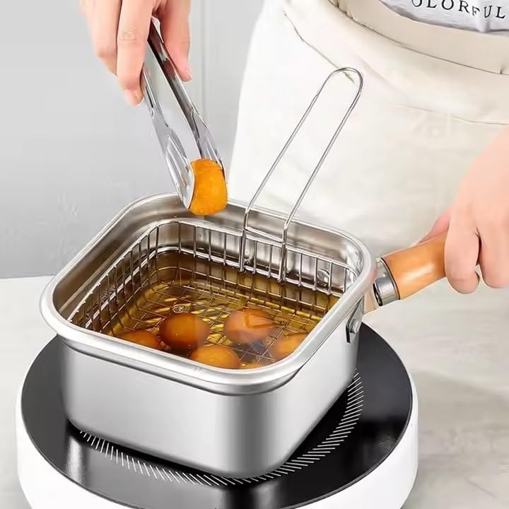 Image of 304 Stainless Steel Square Oil Filter Frying Pot with Lid | Multi-Functional Deep Fryer & Steamer | Kitchen Stock Pot for Electric /Induction Cooking | Portable Crisper pan