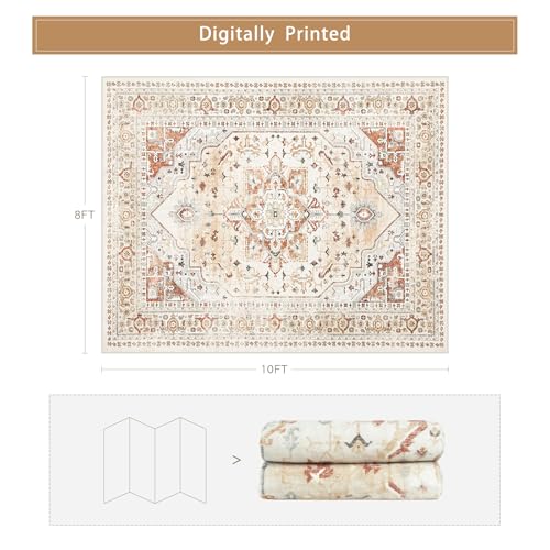 Washable Rugs 8x10 Area Rugs for Living Room,Rugs for Bedroom,Large Carpets,Ultra Soft Faux Wool Retro Dining Room Rug,Non Slip&Non-Shedding Low Pile Vintage Print Rug for Home Office,Orange