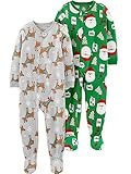 Simple Joys by Carter's Kids' Holiday Loose-fit Flame Resistant Fleece Footed Pajamas, Green Santa/Grey Heather Reindeer, 4T