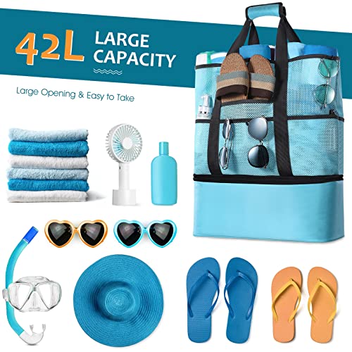 Mesh Beach Tote Bag Cooler: Waterproof Sandproof Extra Oversized 42L XL Large Pool Bags with Insulated Detachable Cooler Women Men Lightweight Family Foldable Totes Travel Swim Toy - Image 3