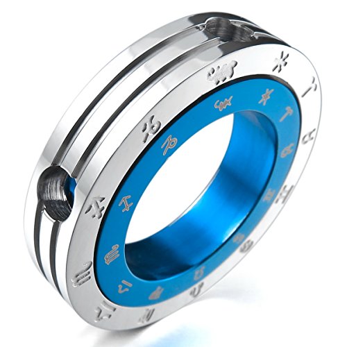 MunkiMix Acero Inoxidable Colgante Collar Azul El Tono De Plata Zodíaco Pareja Anillo Ring Hombre,Cadena 58cm