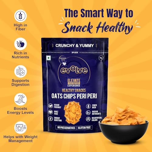Image of Evolve Oats Chips Healthy Snacks for Kids, Adults | Gluten Free, Vacuum Fried, High in Protein, Low Calorie, Weight Loss Friendly, Peri Peri Flavor - 100g Pack of 2