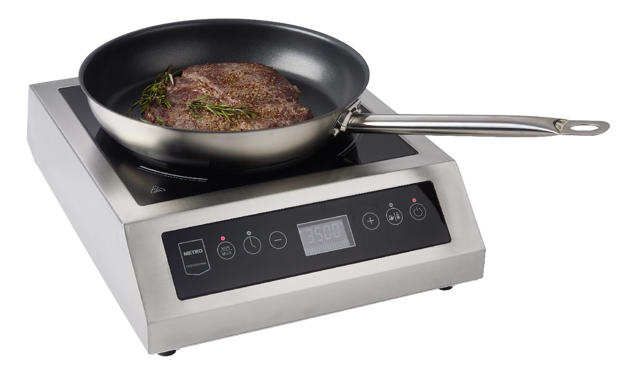 METRO Professional Placa de Inducción Portátil, Carcasa de acero inoxidable, Tapa de vitrocerámica negra, max. 240 °C, 220-240 V, 3500 W con 10 niveles de potencia (12 x 44 x 34 cm)