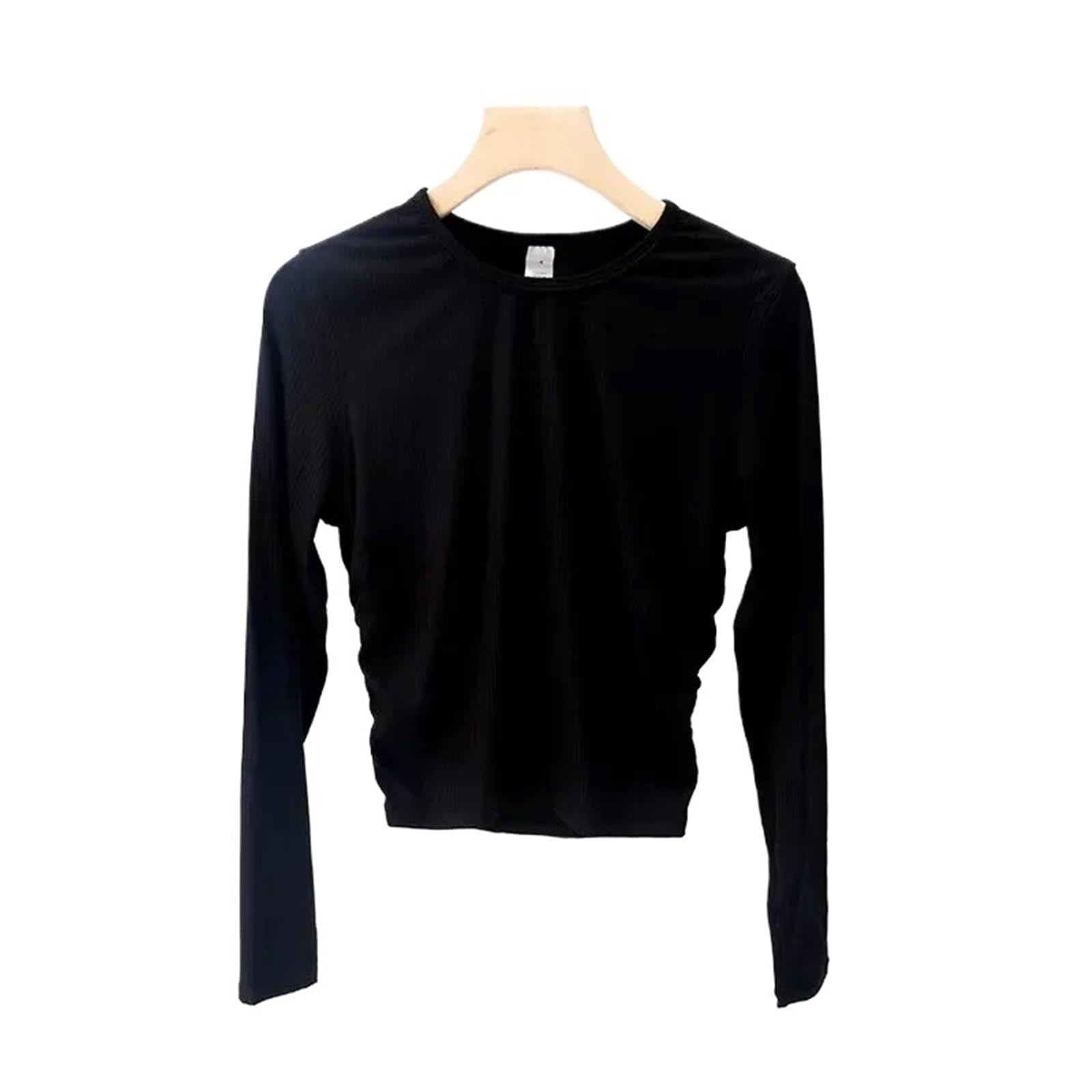 Top da Palestra per Donne Top da Fitness for Yoga, vestibilità Slim, Girocollo, Maniche Lunghe, Leggero, ad Asciugatura Rapida, Traspirante, a Costine(Black)