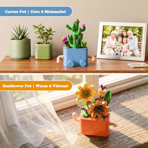 Image of 292 PCS Cute Plants Building Blocks Set, 2-in-1 Artificial Succulents Cactus & Sunflower Potted Flowers Building Toys, Creative DIY Floral Botanical Collection Gift for Adults & Kids Ages 6+