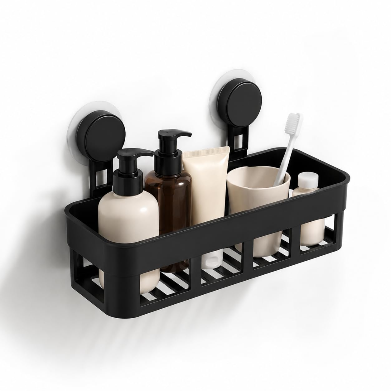 Suction Cup Bathroom Shelf for Shower & Kitchen | No Drill Wall Mounted Storage Rack with Strong Vacuum Suction | Waterproof Bathroom Organizer Basket for Shampoo, Soap & Body Wash | Black-image-15