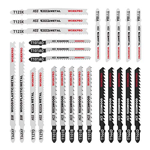 WORKPRO 25-Piece T-Shank Jig Saw Blade Set with Storage Case, Made with HCS/HSS/BIM, Assorted Blades for Wood, Plastic and Metal Cutting