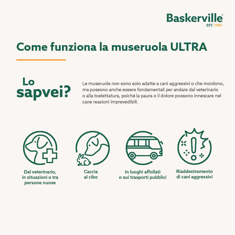 MUSERUOLA BASKERVILLE ULTRA, design etico brevettato, cane può respirare, ansimare e bere, regolabile, imbottita, addestramento cani piccoli, medi, grandi, impedisce di morsicare, rovistare (Taglia 5)