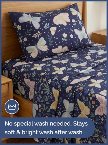 Image of Kids Twin Size Moonlit Butterflies Bed Sheets - 3 Piece Kids Sheet Set | Moonlit Butterflies Themed Bedding, Ultra-Soft, Cute & Cozy, Breathable & Machine Washable, Bed Set for Boys, Girls & Teens