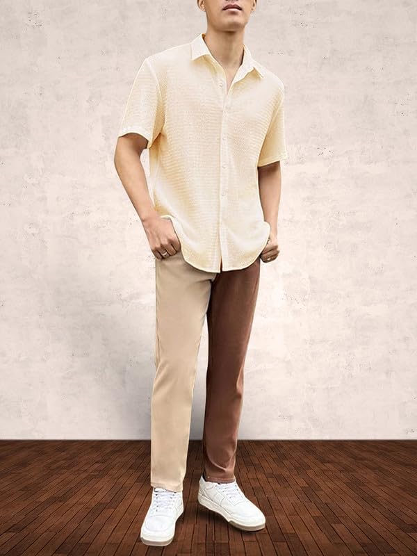 Image of Pinkmint Popcorn Shirt for Men Soild Slim Fit Sleeve Spread Collar Trendy Men Shirt Summer Wear Goa Wear Olive