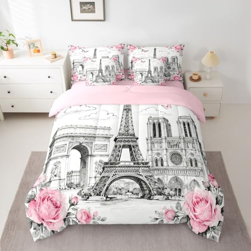 Image of 7 Pcs Eiffel Tower Bedding Sets Queen Sketch French Architecture Decor Comforter Set Pink Rose Butterfly Romantic Style All Season Comforter Flat Sheet Fitted Sheet 2 Pillowcases 2 Throw Pillow Covers