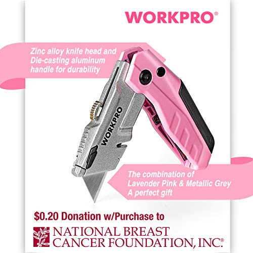 Workpro Folding Utility Knife, Quick-Change Pink Box Cutter With Blade Storage Compartment Hidden In Lightweight Aluminum Die-Cast Handle, 12 Extra Blades Included - Pink Ribbon #TOP1