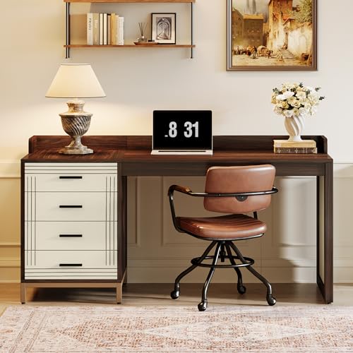 Image of Tribesigns 61-Inch Computer Desk with 4 Drawers, Mid-Century Modern Office Desk with Storage, Wood Study Writing Table for Home Office, Study Room, Bedroom, Brown & Beige