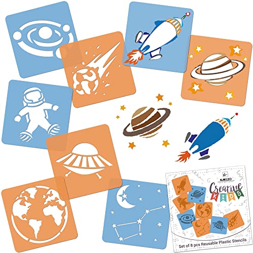 NAKLEO 8 pochoirs à dessiner pour enfants - 15x15cm (6x6 inch) - Espace - univers - Plastique réutilisable et lavable - Set de pochoirs pour l'art et le bricolage - Peinture Cover