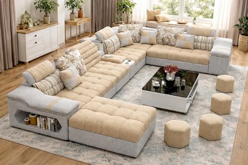 Image of Avion COMFORA U Shape 12 Seater Sofa Set for Living Room | Interchangeable U-Shaped Sectional Sofa Set with Cup Holder with 4 Puffy for Living Room & Office