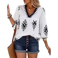 ONAYEYO Damen V-Ausschnitt 3/4 Ärmel Bluse Oberteile Elegant Retro Blusenshirt Tunika Sommer Lässig Gedruckt T Shirt Tops (M, Weiß-Schwarz)