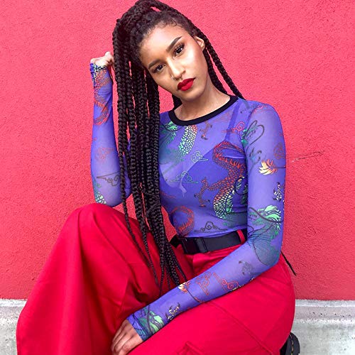 MIZOK Women's Long Sleeve See Through Shirts Dragon Printed Mesh Crop Tops Tee (L,Blue)