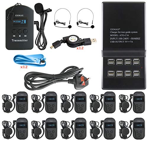 Sistema inalámbrico de transmisión de audio EXMAX EXD-101 para guías turísticos, interpretación simultánea y traducción: 1 transmisor, 10 receptores y base de carga de 16 puertos miniatura 2