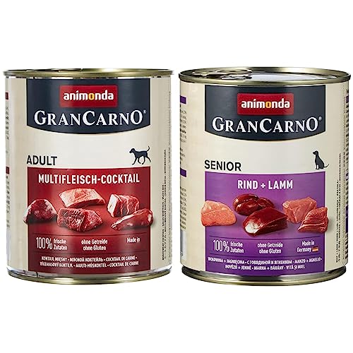 animonda GranCarno Adult Hundefutter, Nassfutter für Erwachsene Hunde, Multifleisch-Cocktail, 6 x 800 g & GranCarno Hundefutter Senior, Nassfutter für ältere Hunde ab 7 Jahren, Rind - Lamm, 6 x 800 g