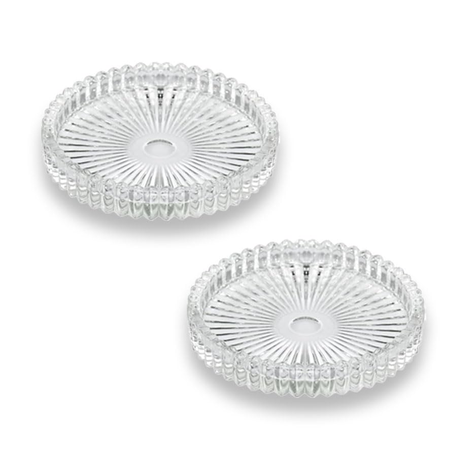2PCS Clear Glass Pillar Candle Plates?Round Glass Candle Holder?Small Candle Holders for Pillar Glass 3