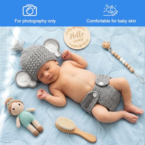 Image of SNOWIE SOFT 0-3 Months Newborn Baby Clothes Baby Photoshoot Props Set with Elephant Hat & Tail Shorts, Soft Knit New Born Photoshoot Props Costume for Fun, Activity, Photo Shoots