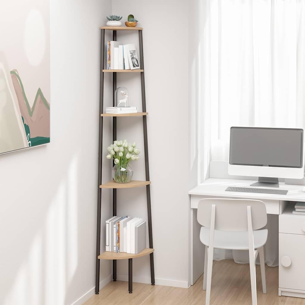 Eckregal mit 5 Böden Holzwerkstoff und Stahl 45,5x31,5x180 cm Hellbraun schwarz, platzsparend als Bücherregal, Raumteiler, Aufbewahrung für Wohnzimmer, Büro, Kinderzimmer