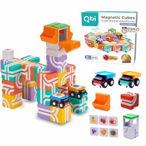 QBI Magnetic Blocks for Toddlers Ages 2-4｜STEM Magnetic Building Blocks with Trucks & Fruit Tiles｜Montessori Magnet Building Cubes for Kids｜Educational Gifts for Boys & Girls Ages 2+ (32PCS)