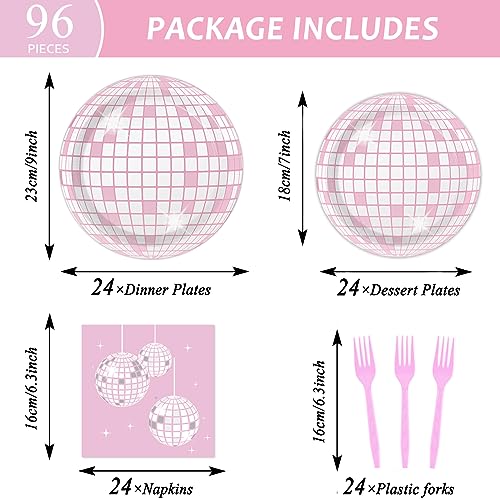 Image of 96PCS Pink Silver Disco Party Plates Napkins Disco Birthday Decoration 70s Theme Disposable Paper Cake Tableware Serve 24 Guests Women Girls Baby Shower Bachelorette Wedding Birthday Party Favor