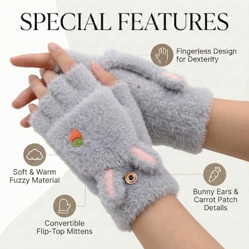 Image of Kraptick Cute Bunny Winter Gloves for Women & Girls - Fluffy Convertible Flip Top Mittens - Warm Fingerless Knitted Woolen Hand Warmer with Button Flap for Typing & Driving (Free Size, Pink)-5