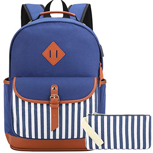 Mochila Lona Mujer Casual Set de Mochilas Escolares Juveniles para Chicas Adolescentes Niña con Puerto USB y para Auriculares (Azul-2C, 15.6Inch)