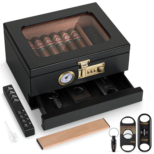Comparison: Best Wood For Humidor 9 Tesonway Cigar Humidor, Cedar Wood Humidor Cigar Box, Glass Top Desktop Humidor with Front Hygrometer, Humidifier, Divider, Accessories Drawer and Combination Lock, Cigar Gifts for Men (Carbon Black)